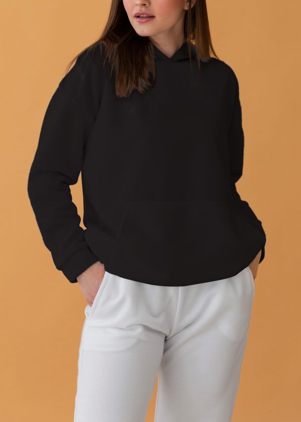 Drop Shoulder Hoodie For Girls-Black